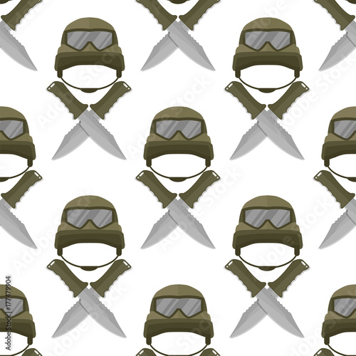 Military modern camouflage helmet army protection seamless pattern background soldier uniform hat protective steel armed equipment vector illustration.