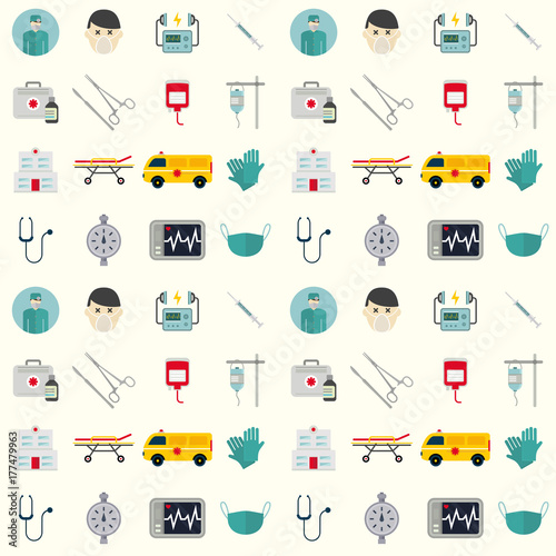 Ambulance icons vector medicine health emergency hospital urgent pharmacy pill support paramedic treatment seamless pattern background