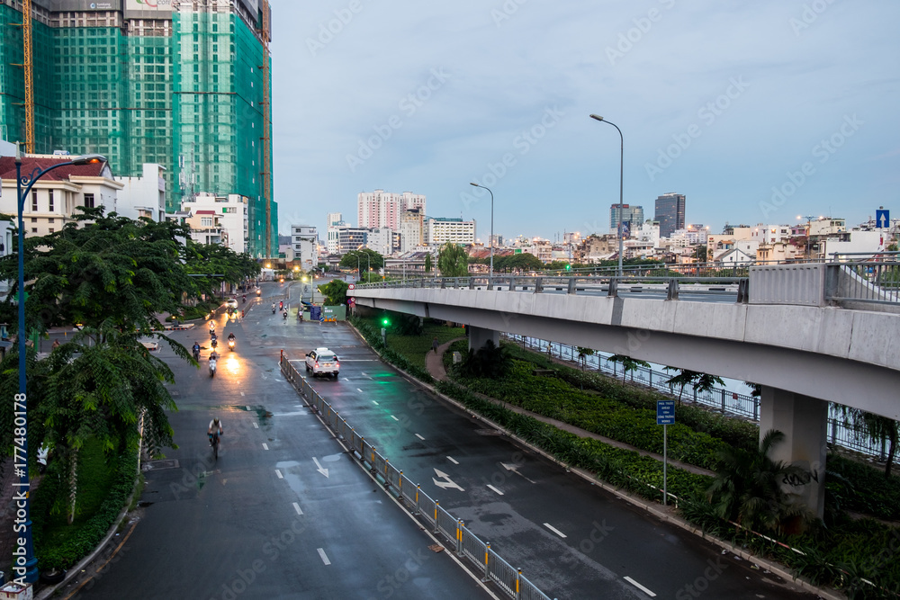 Sunrise over Downtown Saigon, Ho Chi Minh city, Viet Nam. Ho Chi Minh city is the biggest city of Vietnam and is the economic center of the country