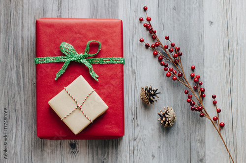 Festive wrapped Christmas present arrangement from above