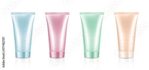 Mock up cosmetic tubes se isolated on white background. For cream soap gel shampoo etc. Beauty product package template blue pink green and beige color, vector illustration.