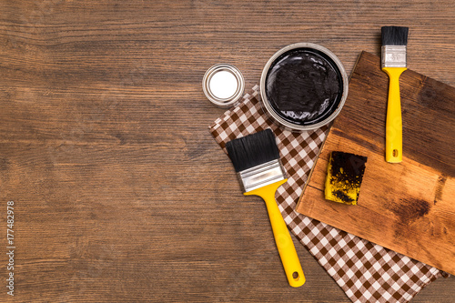 DIY dark wood wall with wax toning, background for photos photo