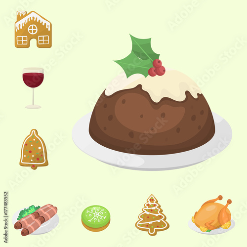 Traditional christmas food and desserts holiday decoration xmas sweet celebration meal vector illustration.