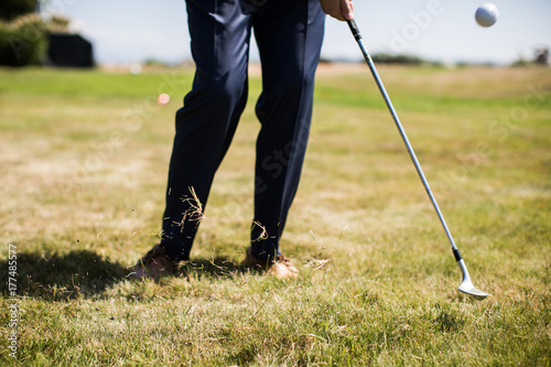 Golf Swing Chip Cut Grass Closeup