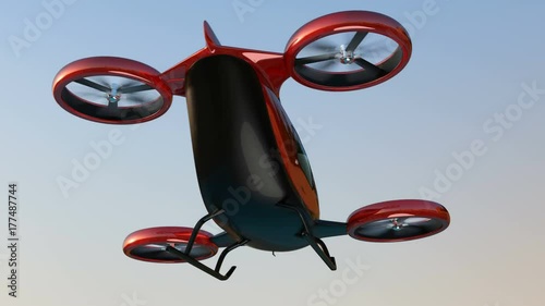 Metallic red self-driving passenger drone flying in the sky. 3D rendering animation.
