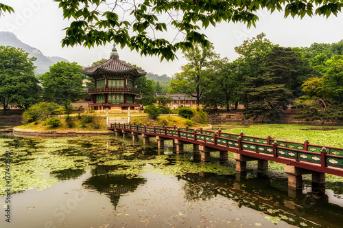 Hyangwonjeong Pavilion and pond scenery inside Gyeongbokgung Palace (Seoul, South Korea)
