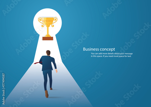 Business concept illustration of a businessman walking into keyhole with bright light