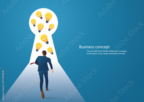 Business concept illustration of a businessman walking to light bulbs in keyhole