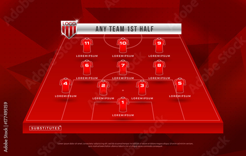 football league or world tournament broadcast substitues graphic template design, football substitues broadcast graphic for soccer starting lineup squad red color