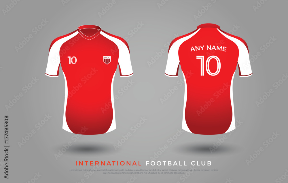 soccer t-shirt design uniform set of soccer kit. football jersey template  for football club. red and white color, front and back view shirt mock up.  singapore football club vector illustration Stock Vector