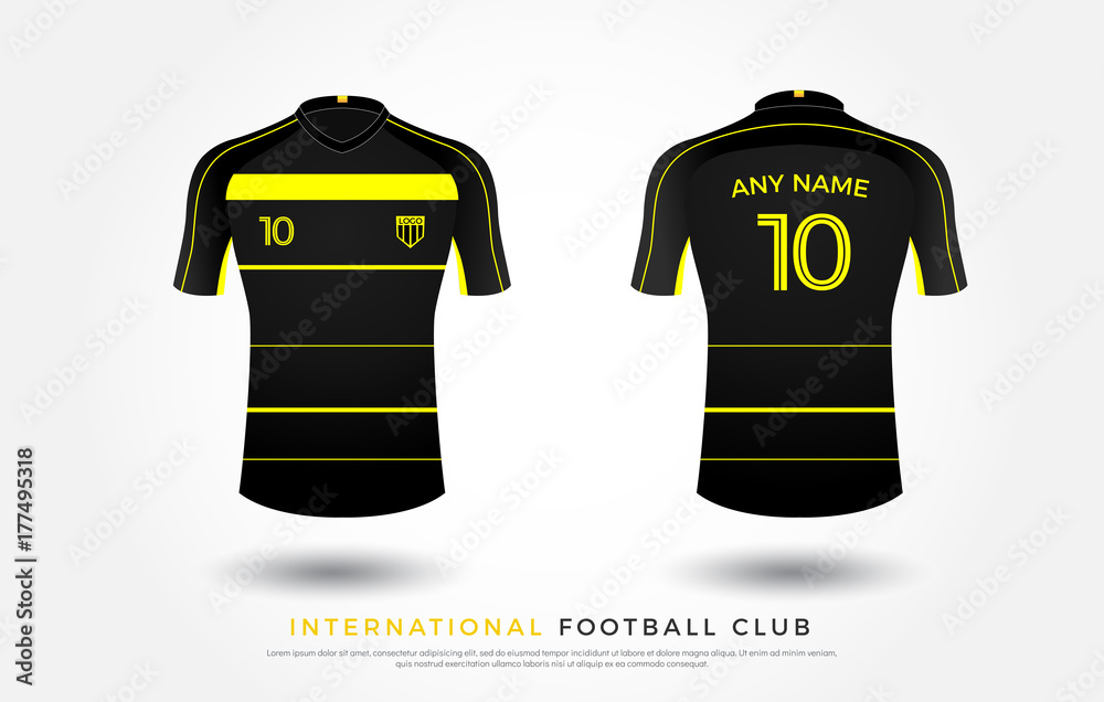 soccer t-shirt design uniform set of soccer kit. football jersey template  for football club. yellow and black color, front and back view shirt mock  up. Vector Illustration Stock Vector | Adobe Stock