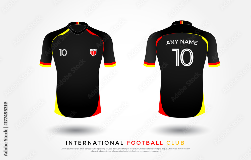 soccer t-shirt design uniform set of soccer kit. football jersey template  for football club. red, yellow and black color, front and back view shirt  mock up. Vector Illustration Stock Vector | Adobe