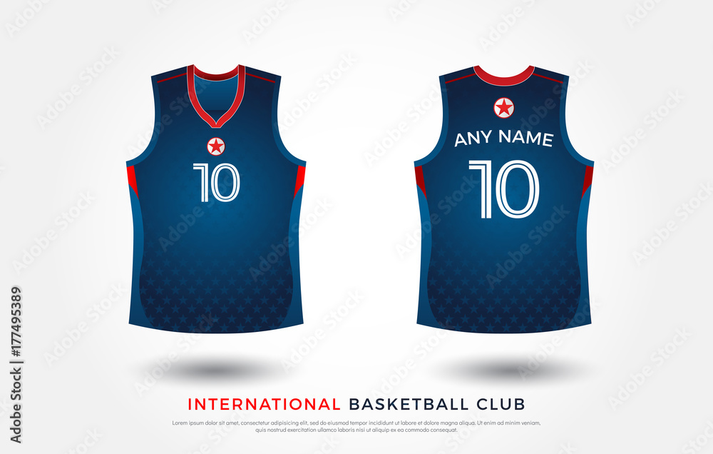 basketball t-shirt design uniform set of kit. basketball jersey template.  blue and red color, front and back view shirt mock up. north korea  basketball club vector illustration Stock Vector | Adobe Stock