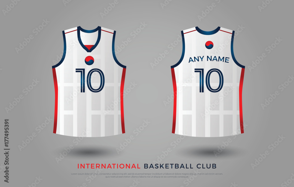 basketball t-shirt design uniform set of kit. basketball jersey template.  blue and red color, front and back view shirt mock up. south korea  basketball club vector illustration Stock Vector | Adobe Stock