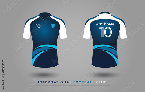 soccer t-shirt design uniform set of soccer kit. football jersey template for football club. blue and white color, front and back view shirt mock up. Vector Illustration