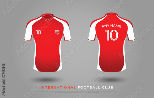 soccer t-shirt design uniform set of soccer kit. football jersey template for football club. red and white color, front and back view shirt mock up. Vector Illustration