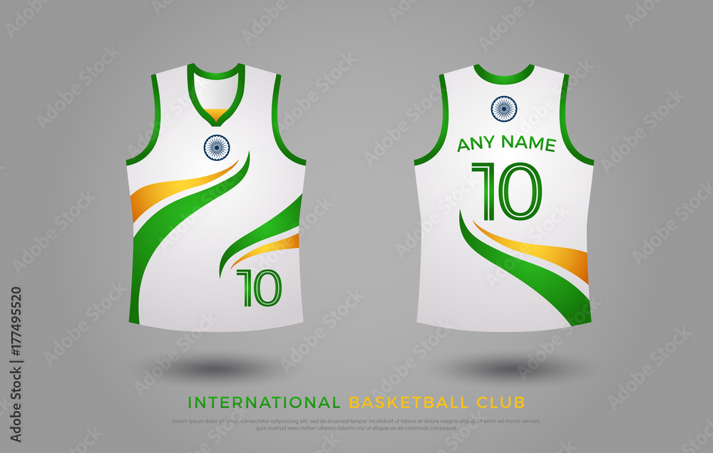 basketball t-shirt design uniform set of kit. basketball jersey template.  white, green and yellow color, front and back view shirt mock up. india  basketball club vector illustration Stock Vector