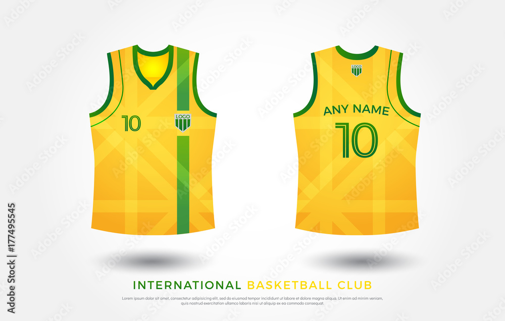 basketball t-shirt design uniform set of kit. basketball jersey template. green and yellow color, front and back view shirt mock up. australia  basketball, volleyball club vector illustration Stock Vector | Adobe Stock