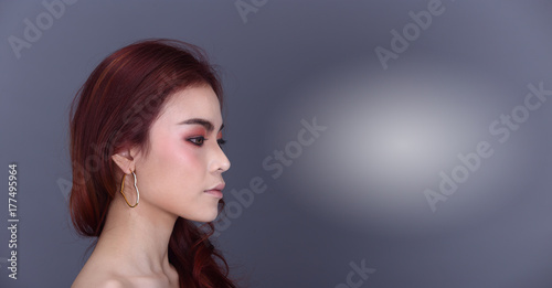 Red Brunette Shinny Hair Style on Asian Make Up Woman
