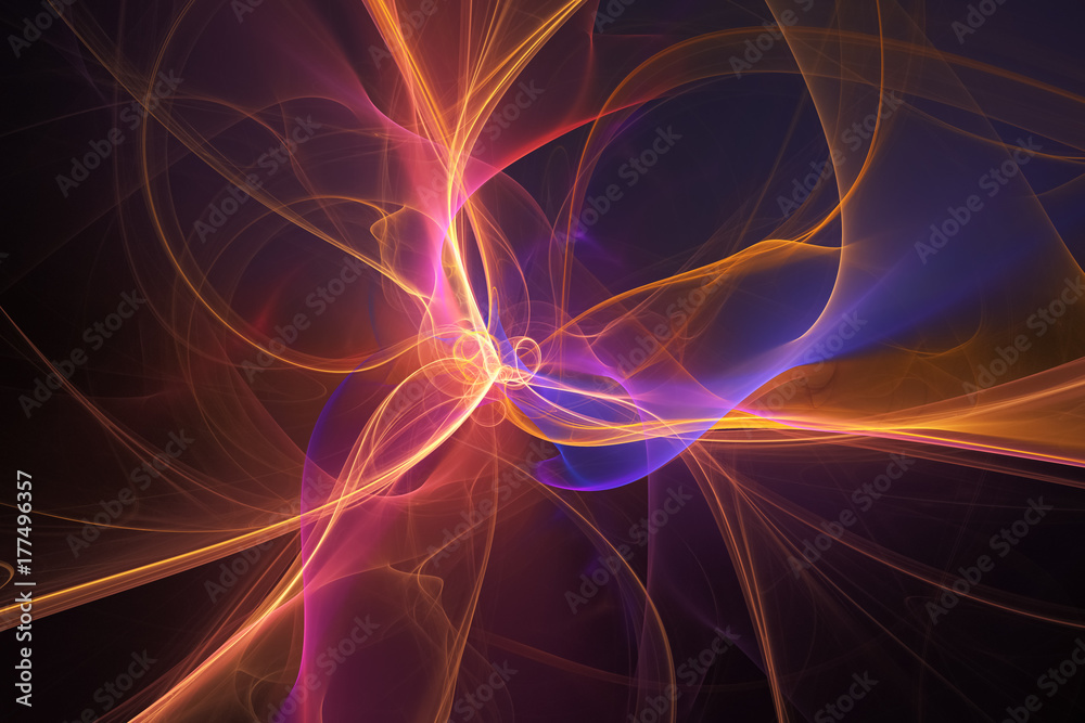 Abstract orange and blue glowing smoky shapes on black background. Fantasy fractal design. Digital art. 3D rendering. Abstract orange and blue glowing smoky shapes on black background. Fantasy fractal design. Digital art. 3D rendering.