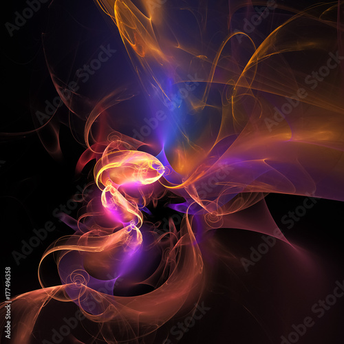 Abstract orange and blue glowing smoky shapes on black background. Fantasy fractal design. Digital art. 3D rendering.
