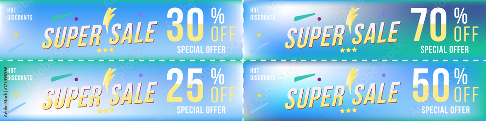 Set super sale coupons in horizontal format 25 - 70 off. Banners on colour background. Big discount, template for print and web advertising. Flat vector illustration EPS 10
