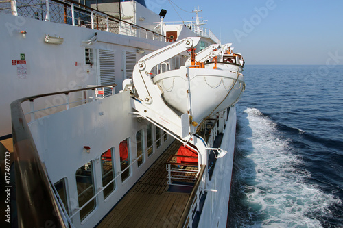 Lifeboats deck on a passenger ship in a sea
