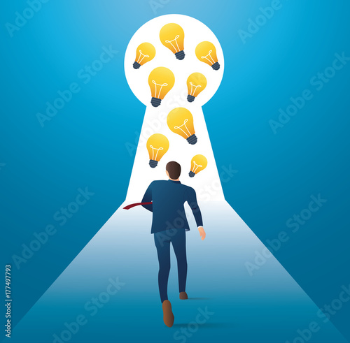 Business concept illustration of a businessman walking to light bulbs in keyhole