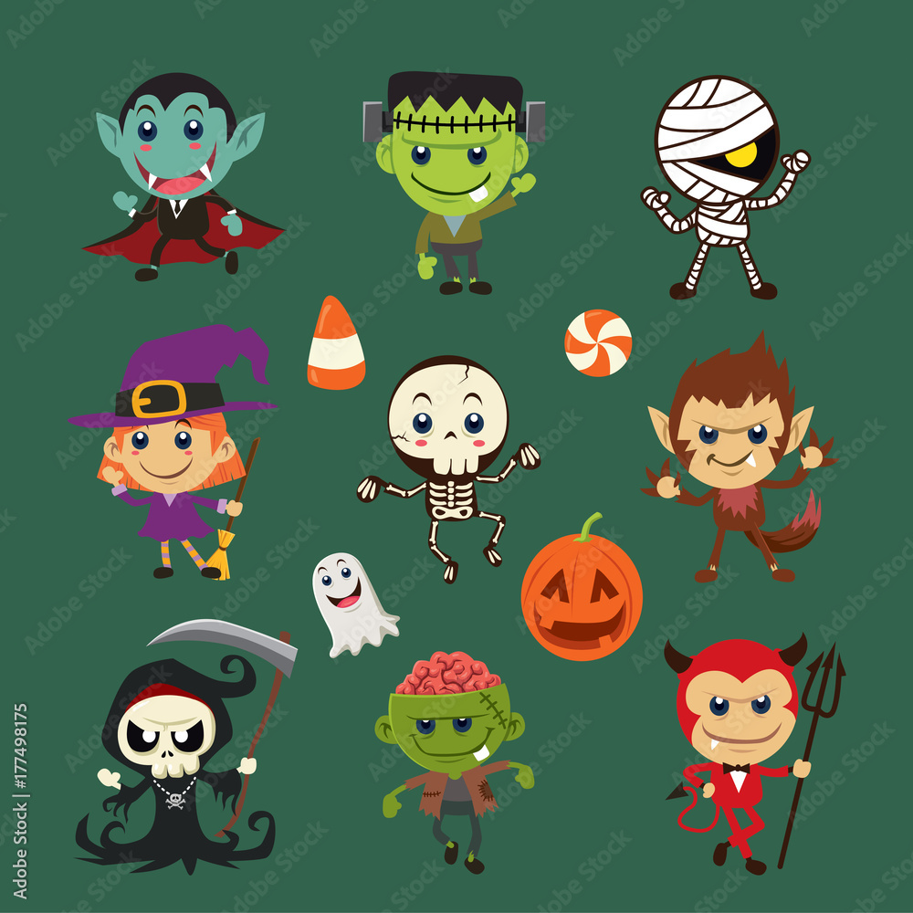 Fototapeta premium Vintage Halloween poster design with vector witch, mummy, witch, zombie, devil, skeleton, vampire, ghost, reaper, wolfman, ghost character. 