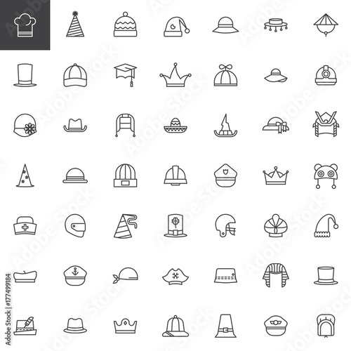 Hat, cap, headdress, headwear line icons set, outline vector symbol collection, linear style pictogram pack. Signs, logo illustration. Set includes icons as chef hat, party hat, pilgrim hat