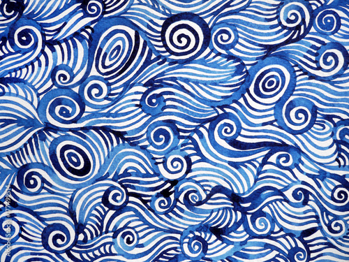 abstract blue white spiral wave sea ocean watercolor painting hand drawn © Benjavisa Ruangvaree