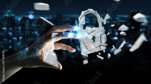 Businesswoman hacking in broken padlock security 3D rendering