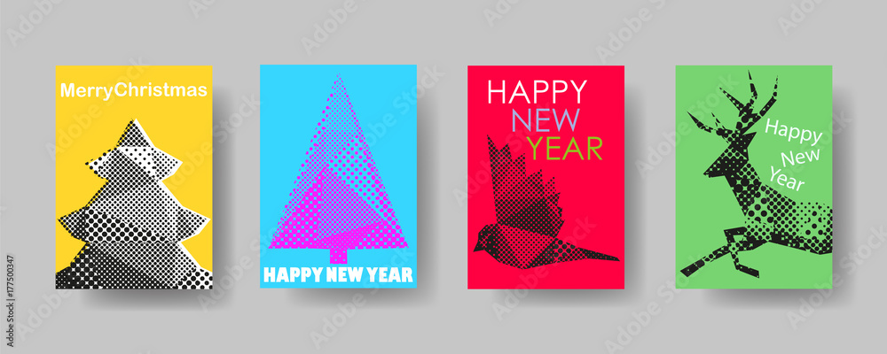 Colorful holiday Christmas cover trendy design template, Vector backgrounds set. Design industry for posters, placards,banners, flyers. Hand drawn illustration.