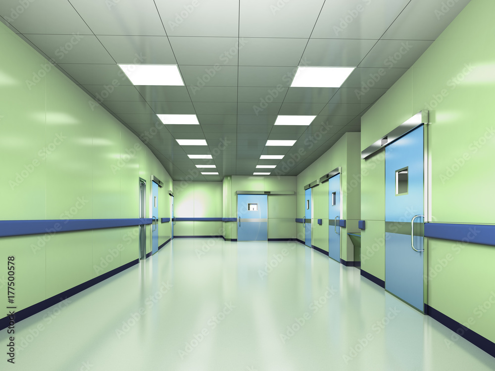 Modern interior of the hospital corridor to wards green 3d rendering