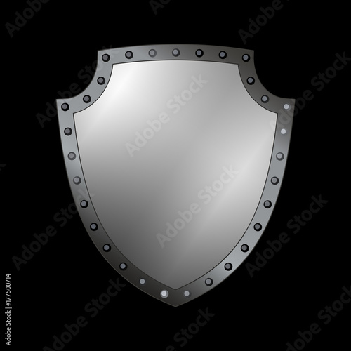 Silver shield shape icon. 3D gray emblem sign isolated on black background. Symbol of security, power, protection. Badge shape shield graphic design Vector illustration