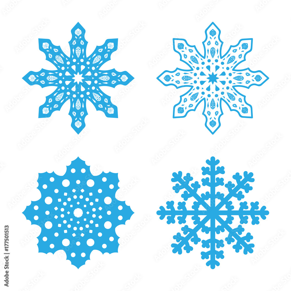 Snowflakes signs set. Blue Snowflake icons isolated on white background. Snow flake silhouettes. Symbol of snow, holiday, cold weather, frost. Winter design element Vector illustration Snowflakes signs set. Blue Snowflake icons isolated on white background. Snow flake silhouettes. Symbol of snow, holiday, cold weather, frost. Winter design element Vector illustration