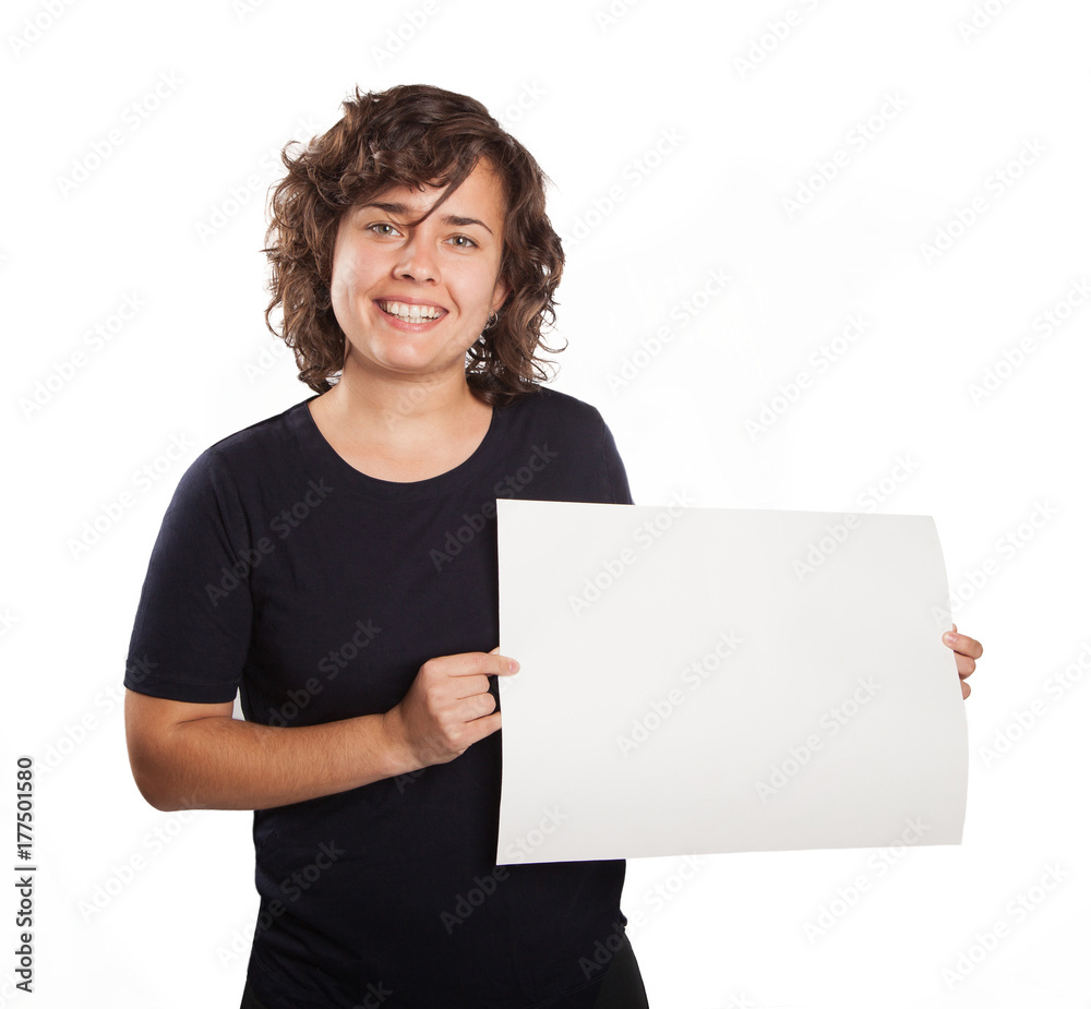 Smiling young woman show white big board for advertising sign. isolated portrait. Smiling young woman show white big board for advertising sign. isolated portrait.