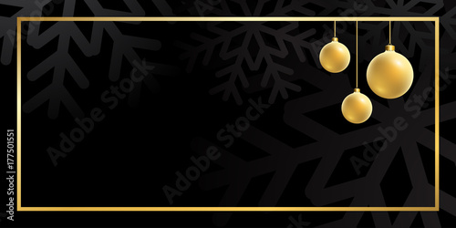 Merry Christmas background with Christmas balls. Black and gold Christmas background in golden frame. Card shiny design for holiday celebration, winter Xmas decorative Vector illustration