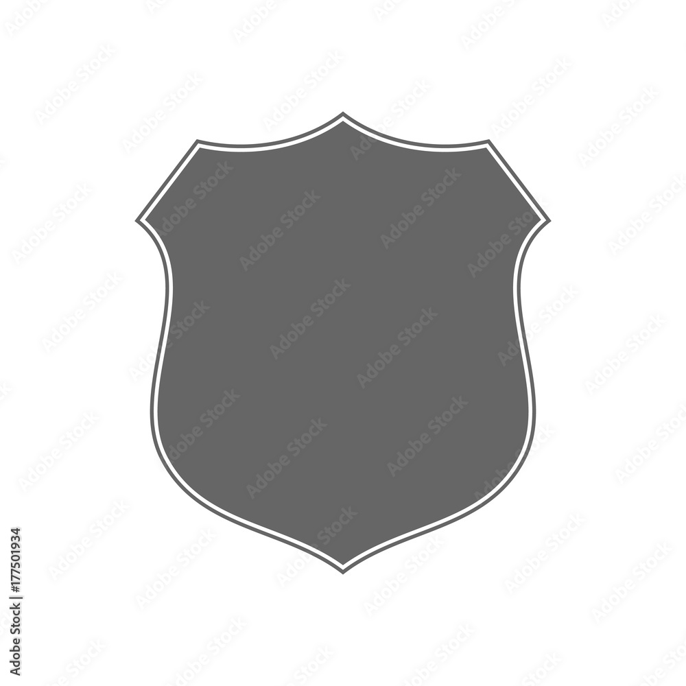 Shield shape icon. Gray label sign, isolated on white background. Symbol of protection, arms, security, safety. Flat retro style design. Element vintage heraldic emblem. Vector illustration