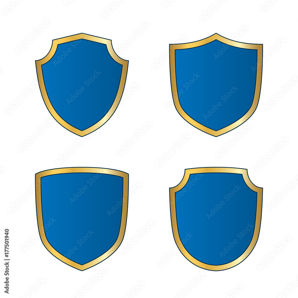 Gold-blue shield shape icons set. Bright logo emblem sign isolated on white background. Empty shape shield. Symbol of security, protection, defense. Shiny element design Vector illustration Gold-blue shield shape icons set. Bright logo emblem sign isolated on white background. Empty shape shield. Symbol of security, protection, defense. Shiny element design Vector illustration