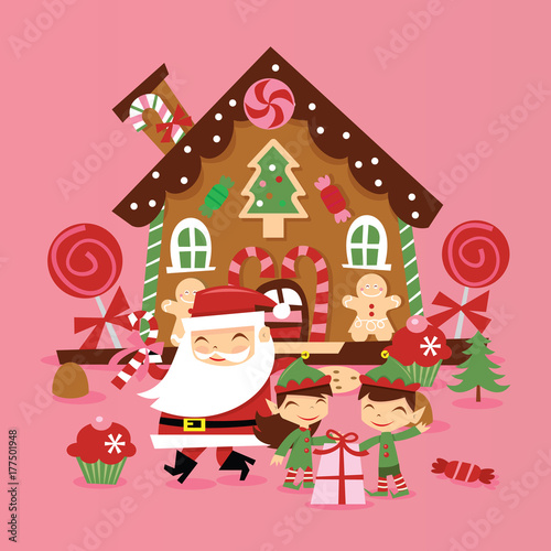 Retro Santa Claus And Elves Gingerbread House