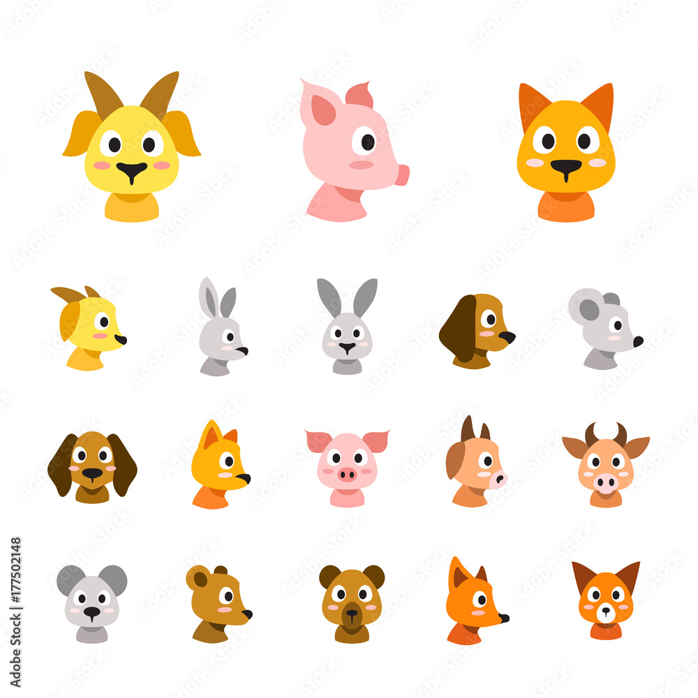 Flat colored style animal faces icon set