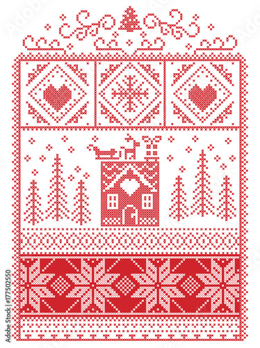 Elegant Christmas Scandinavian, Nordic style winter stitching, pattern including snowflake, heart, reindeer, sleigh,, gingerbread house, Christmas tree, gift, snow in red, white in decorative frame 

