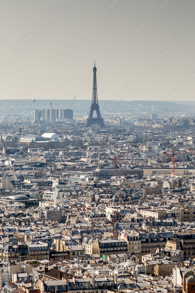 Skyline of Paris city roofs with Eiffel Tower from above, France