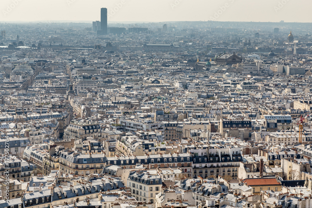 Skyline of Paris city roofs with Eiffel Tower from above, France