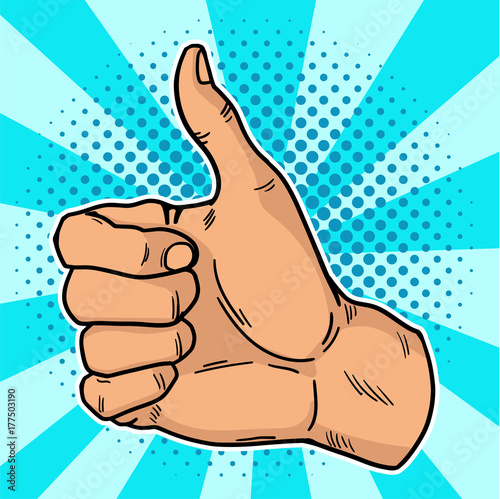 Vintage pop art like. A positive gesturein social networks. Thumb up in retro style on a blue-bubble background. Vector illustration.