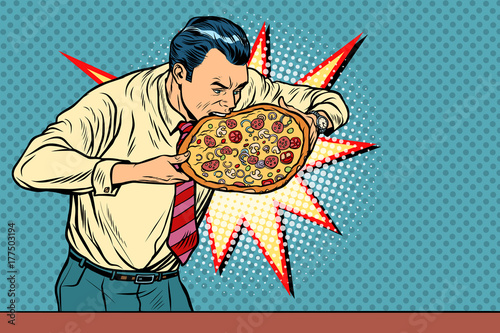 businessman bites pizza