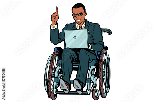 African businessman in wheelchair isolated on white background