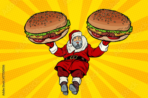 Santa Claus with two burgers, fast food delivery gift