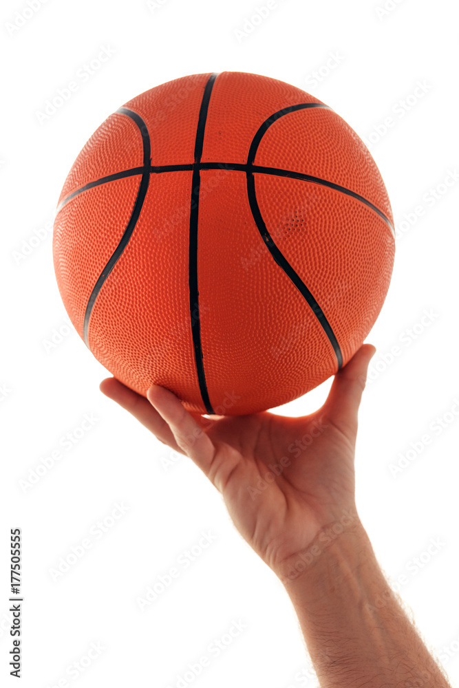 Male hand with basketball ball isolated on white background Male hand with basketball ball isolated on white background